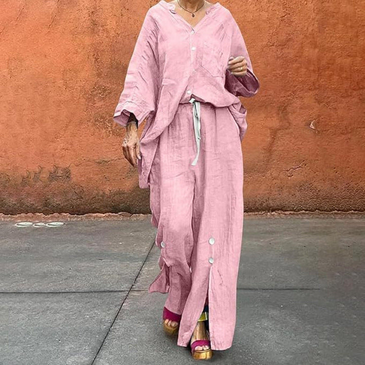 Women Casual Two-Piece Linen Set with Button Closure and Side Slits Lune London