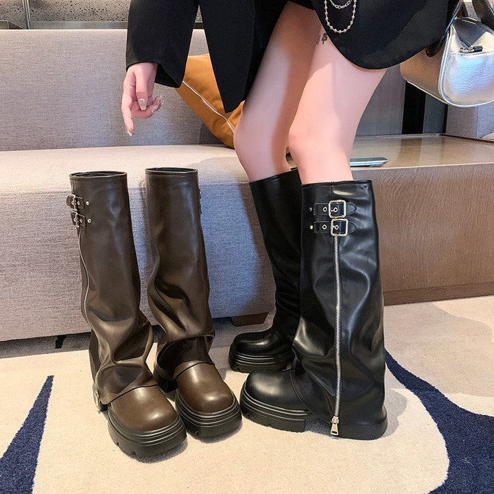 Over-knee women's boots with zipper and adjustable strap Lune London