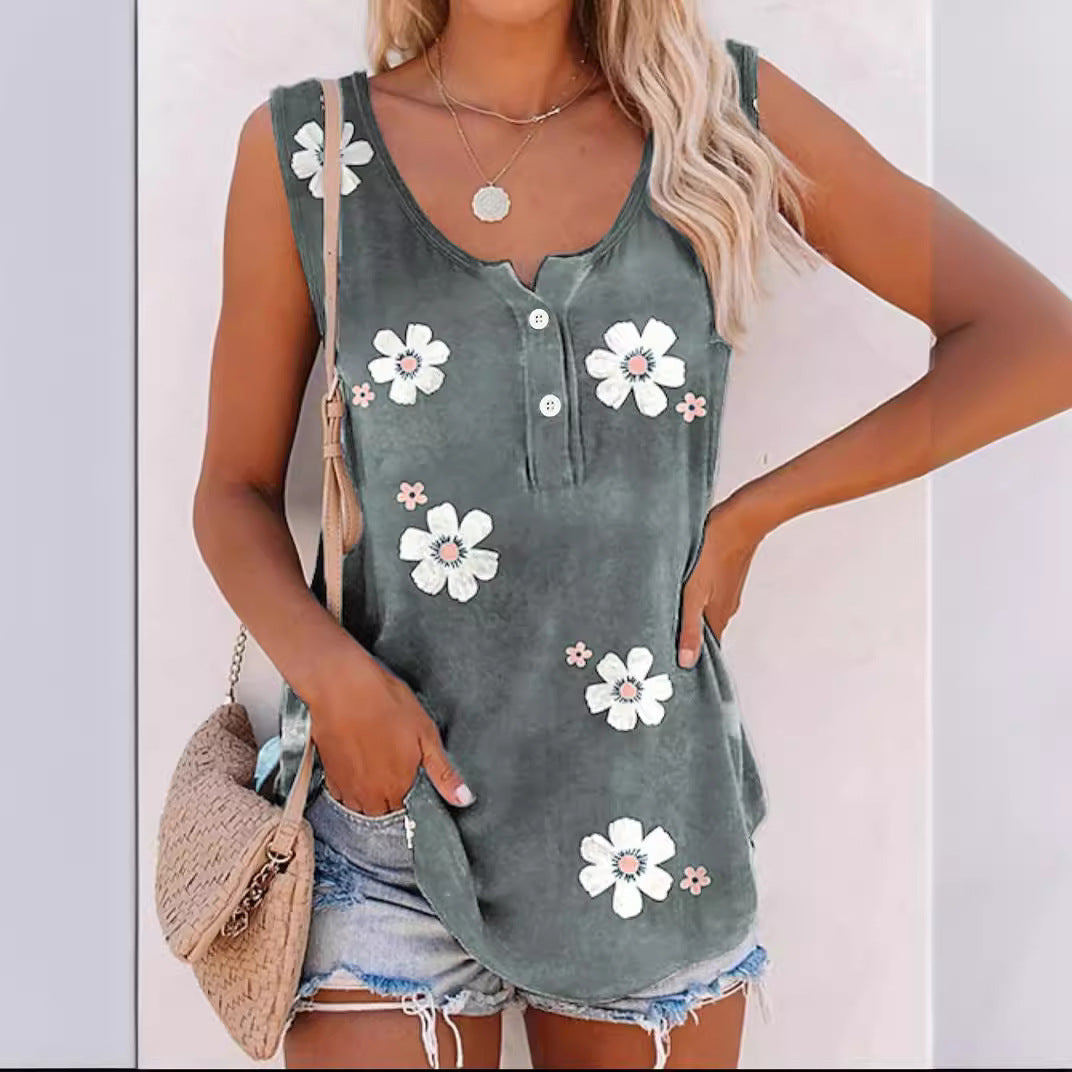 Women's Sleeveless Floral Top with Button Placket and Soft Fabric Lune London