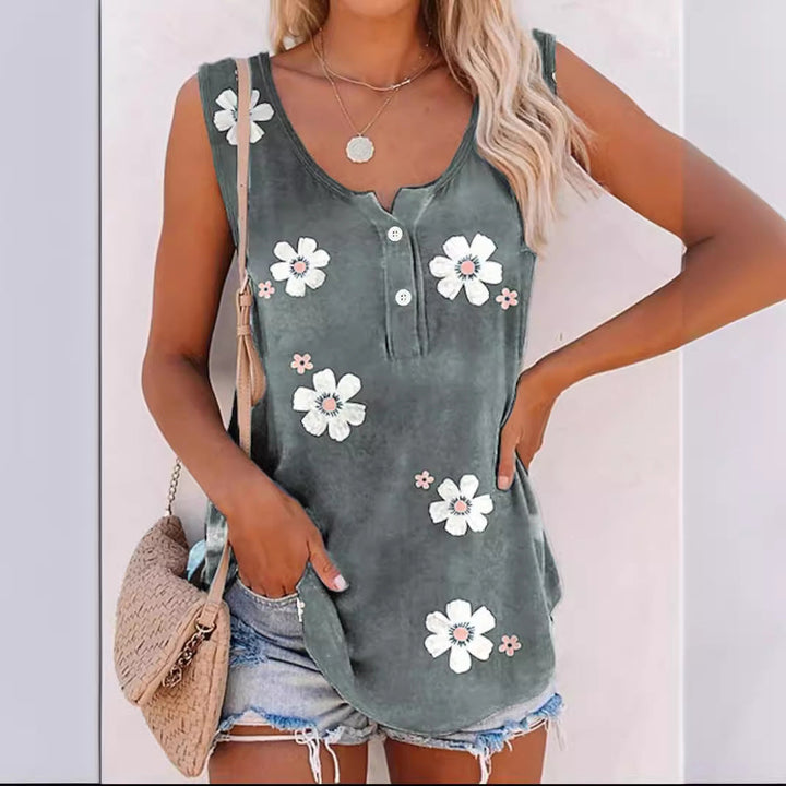 Women's Sleeveless Floral Top with Button Placket and Soft Fabric Lune London