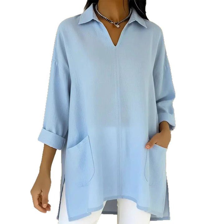 Women's long sleeve blouse with elegant V-neckline and practical pockets Lune London
