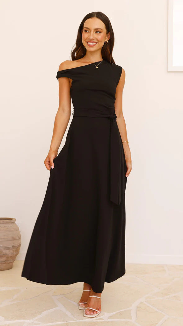Women's maxi dress with a chic asymmetrical neckline and elegant bow