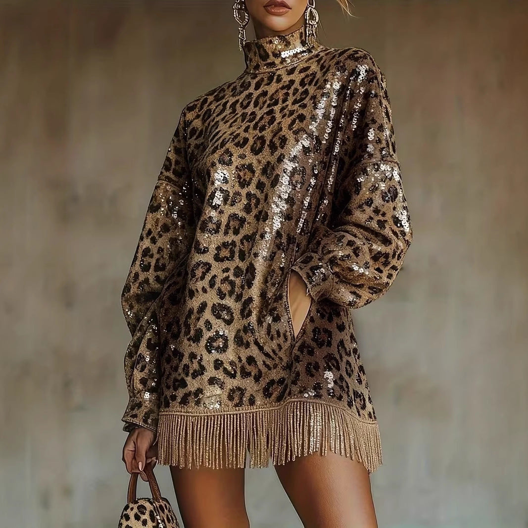 Women Glittering Short Dress with Leopard Pattern and Fringes Chic & Stil
