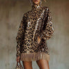 Women Glittering Short Dress with Leopard Pattern and Fringes