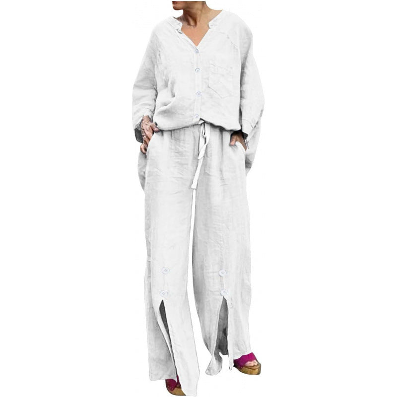 Women Casual Two-Piece Linen Set with Button Closure and Side Slits Lune London