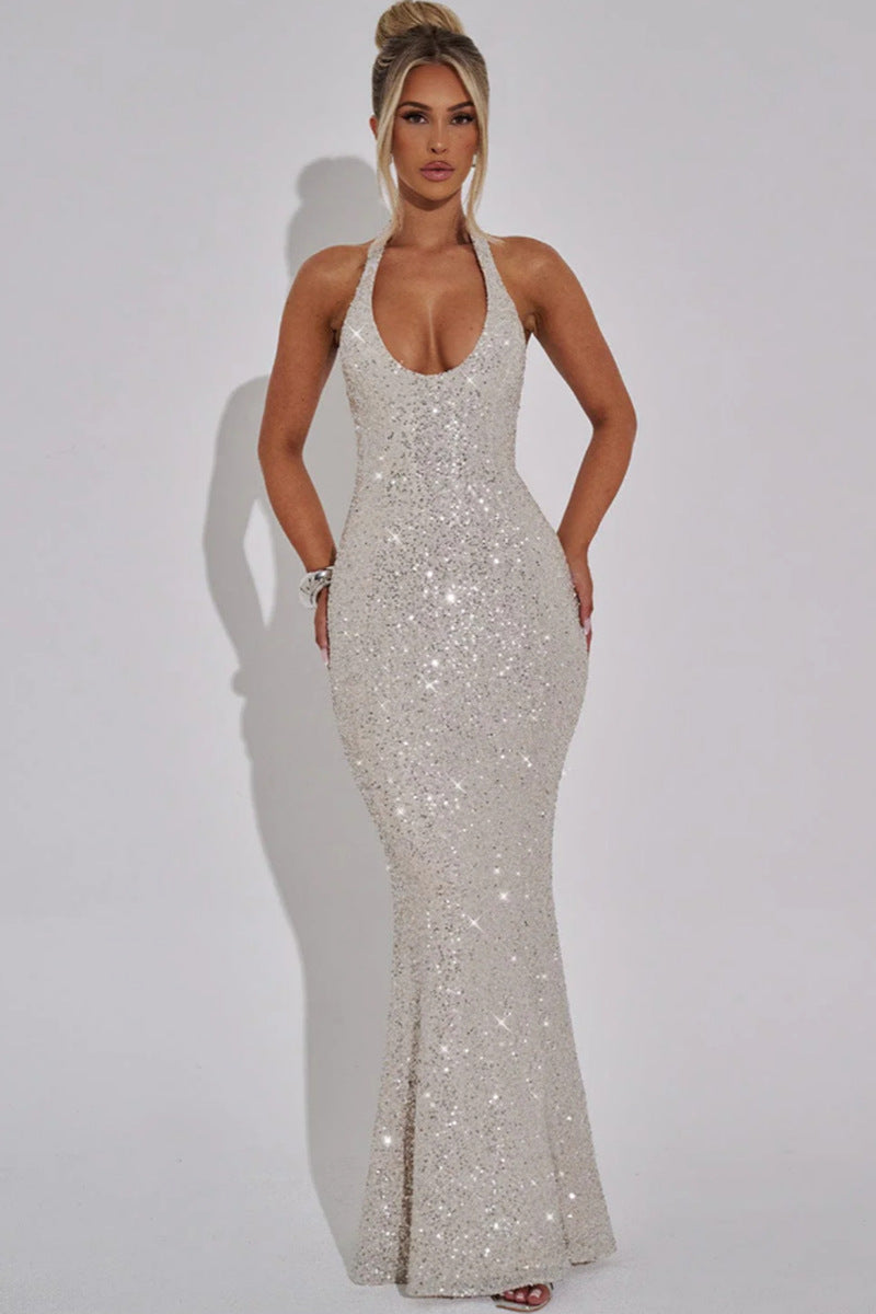 Women's Glamorous Sequin Maxi Dress with Deep V-Neck and Slim Fit
