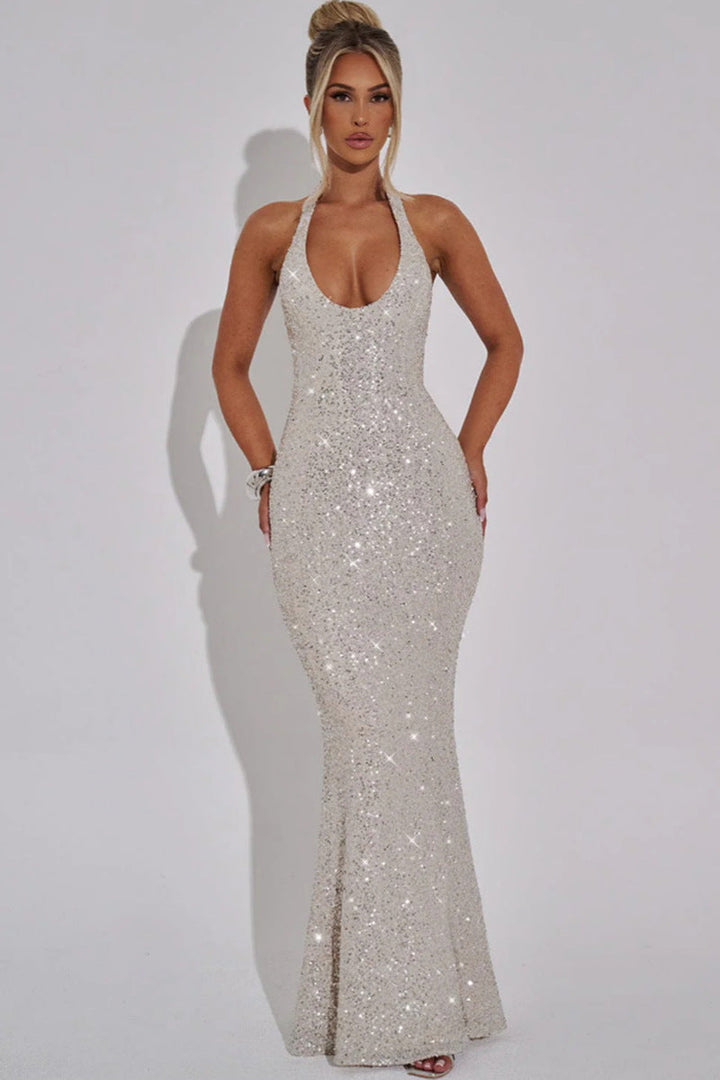 Women's Glamorous Sequin Maxi Dress with Deep V-Neck and Slim Fit