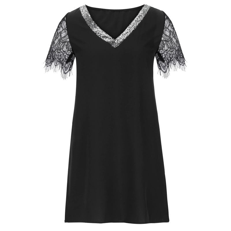 Elegant V-neck shift dress for women with lace sleeves Lune London