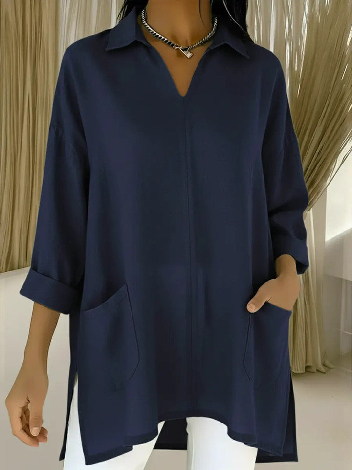 Women's long sleeve blouse with elegant V-neckline and practical pockets Lune London