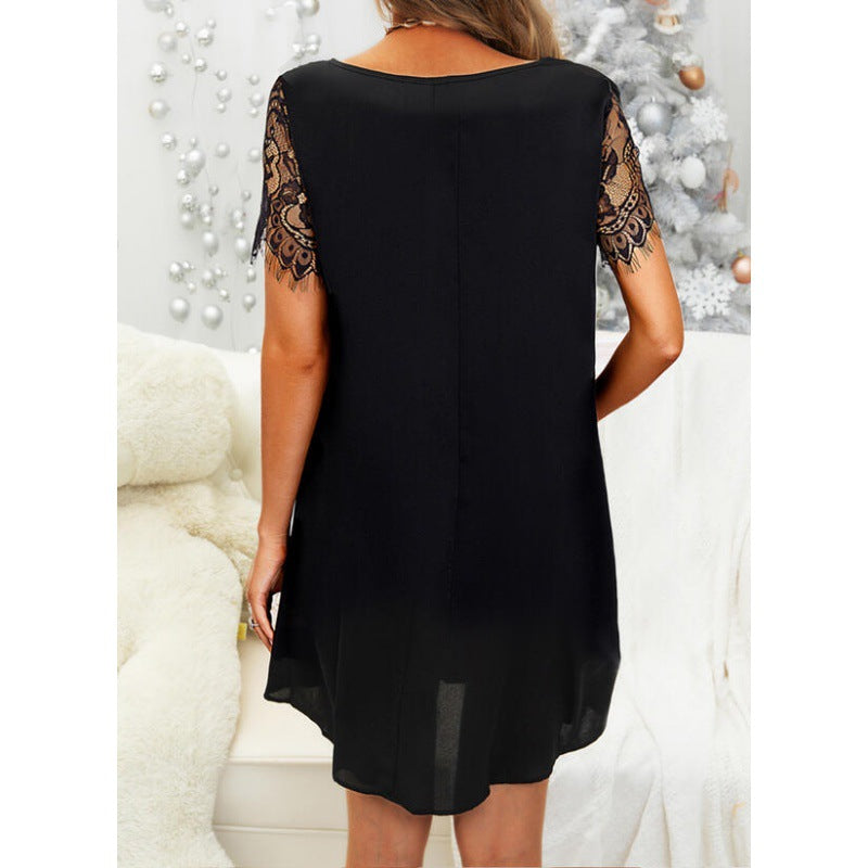 Elegant V-neck shift dress for women with lace sleeves Lune London