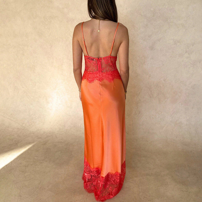 Women's Elegant Nightgown with Transparent Lace Insert and Adjustable Straps Lune London