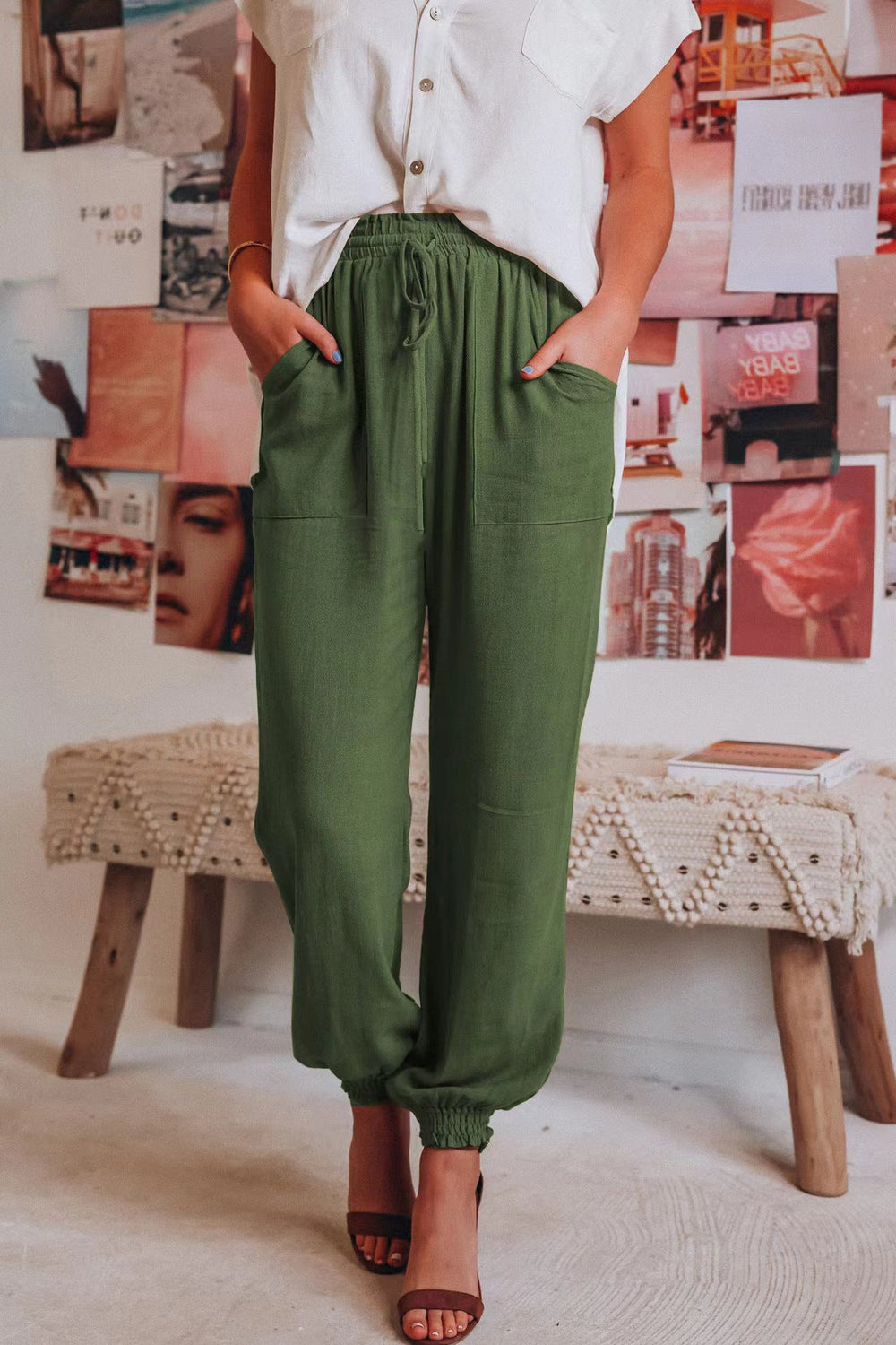 Comfortable harem pants for women with elastic waist and practical pockets Lune London