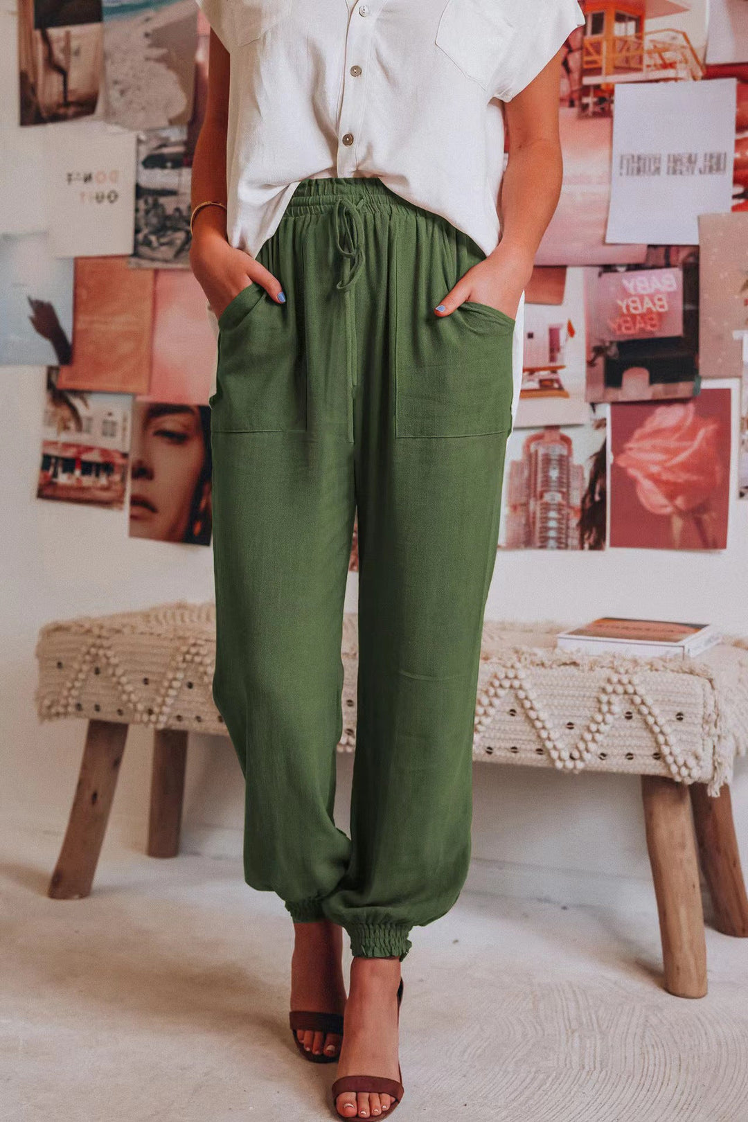 Comfortable harem pants for women with elastic waist and practical pockets Lune London