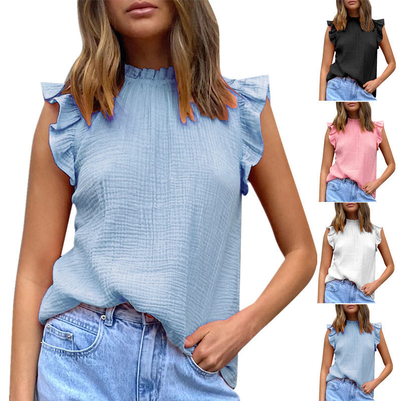 Lightweight blouse for women with ruffle details and high neck Lune London