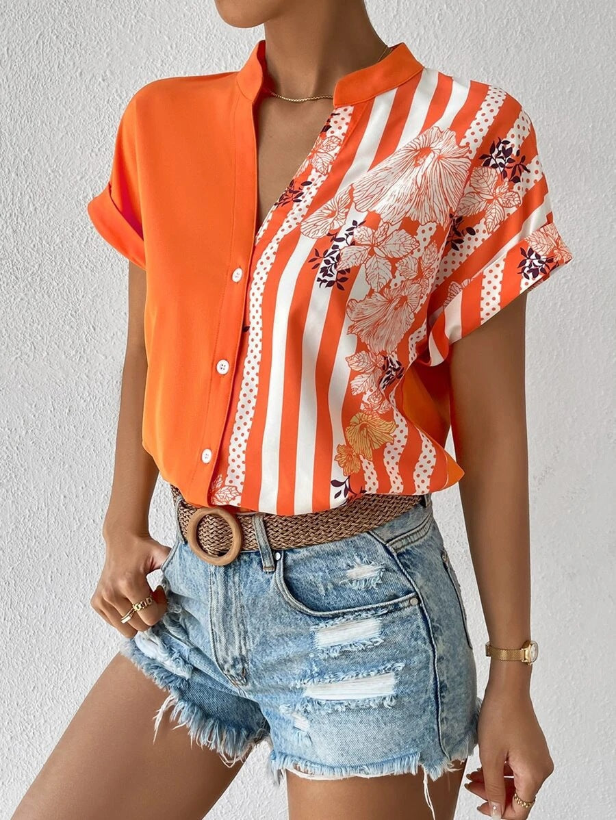 Elegant button blouse for women with floral patchwork Lune London