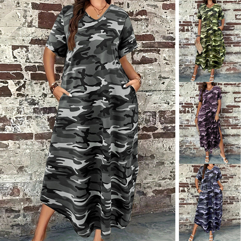 Maxi dress for women with a modern camouflage design and practical pockets Lune London
