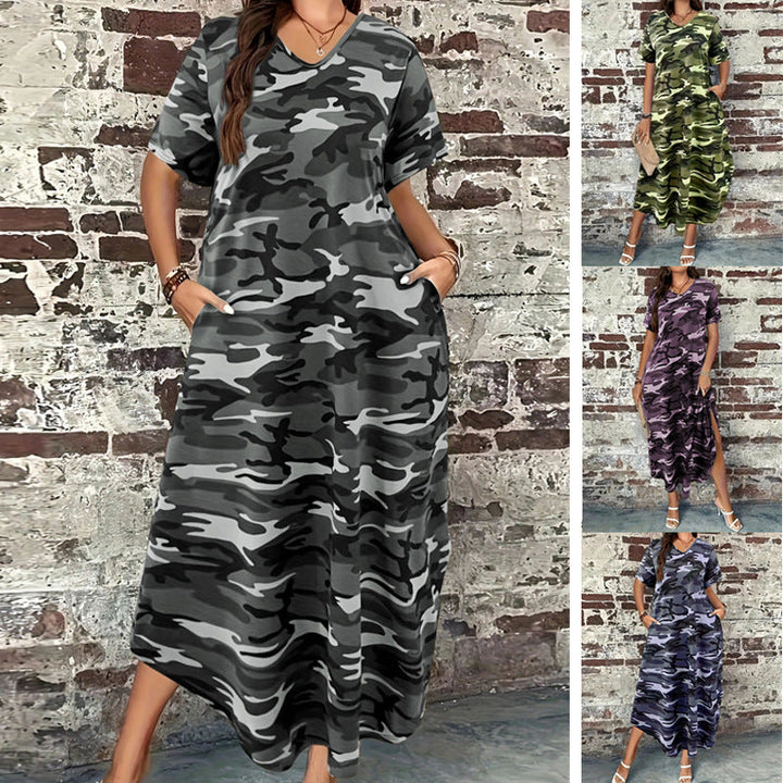 Maxi dress for women with a modern camouflage design and practical pockets Lune London