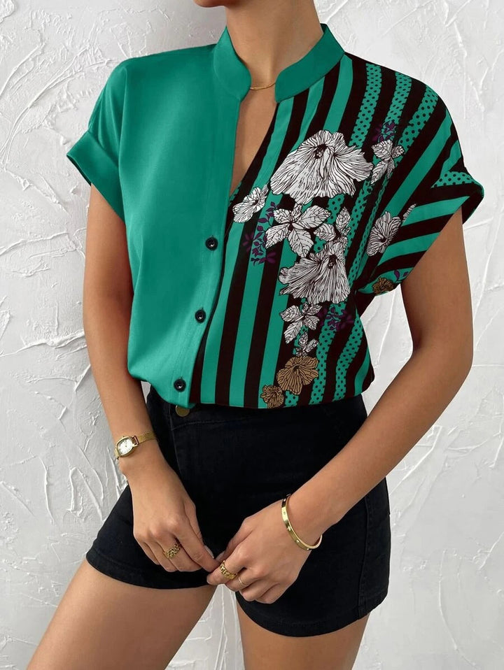 Elegant button blouse for women with floral patchwork Lune London