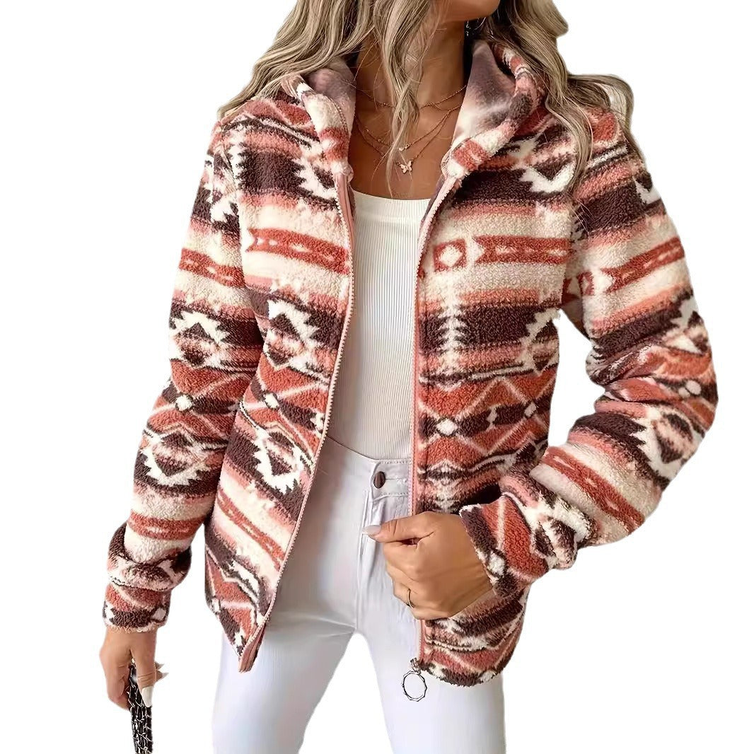 Ladies comfortable fleece jacket with a modern Aztec pattern Lune London