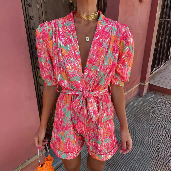 Women Elegant Jumpsuit with Deep V-Neck and Buttonable Belt Chic & Stil