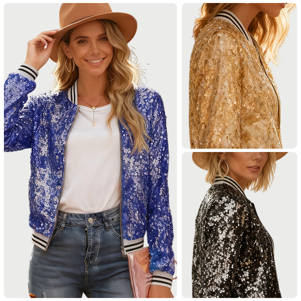 Women Glittering Sequin Bomber Jacket with Contrasting Stripes Lune London