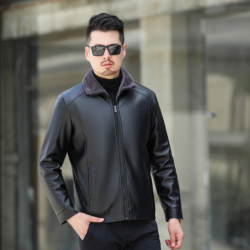 Men's leather jacket with soft fleece collar Chic and Style