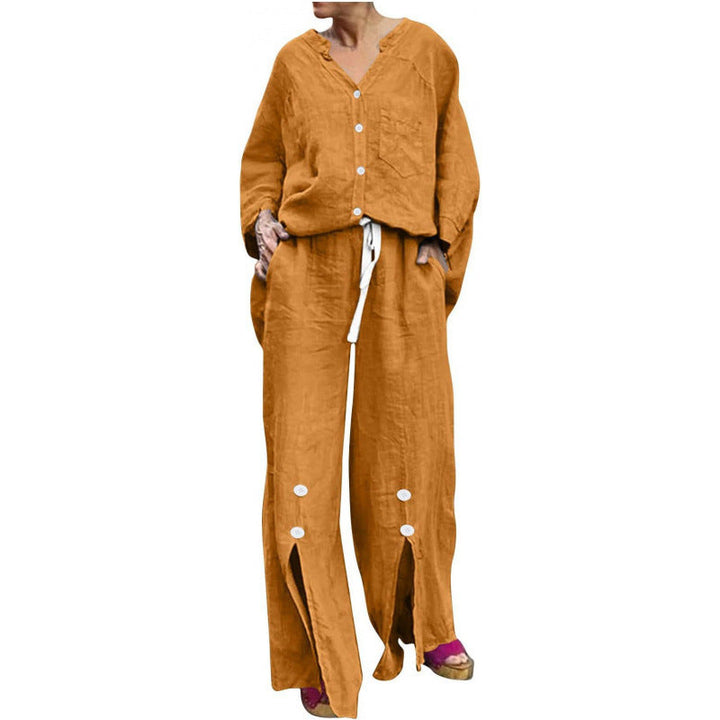 Women Casual Two-Piece Linen Set with Button Closure and Side Slits Lune London