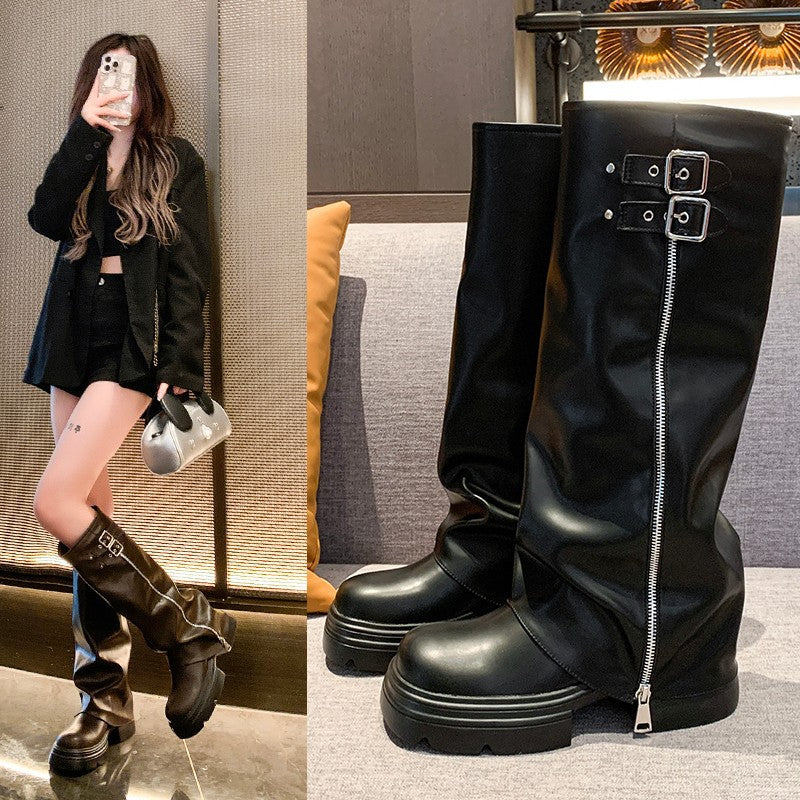 Over-knee women's boots with zipper and adjustable strap Lune London