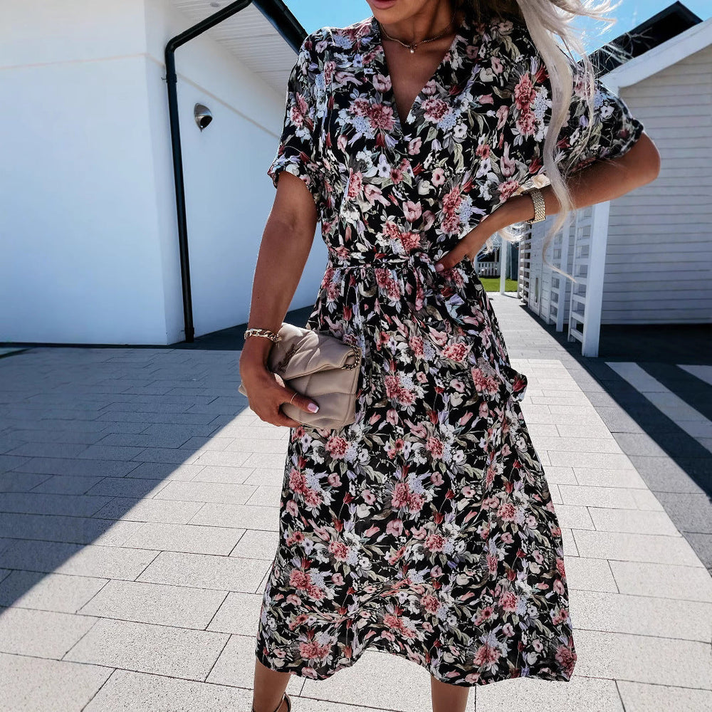 Women's wrap dress with floral pattern and waist belt
