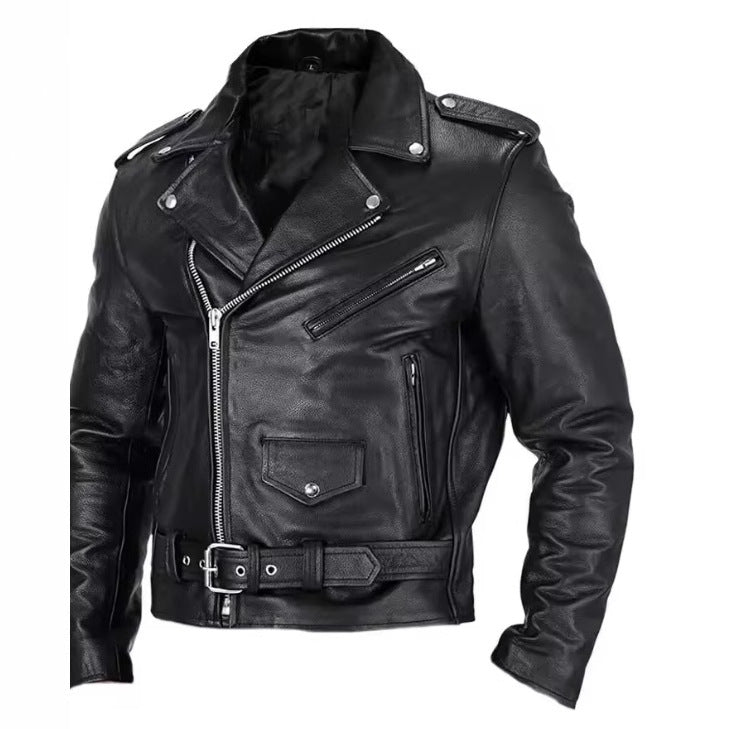 Men's leather biker jacket with asymmetrical zipper and practical pockets Lune London