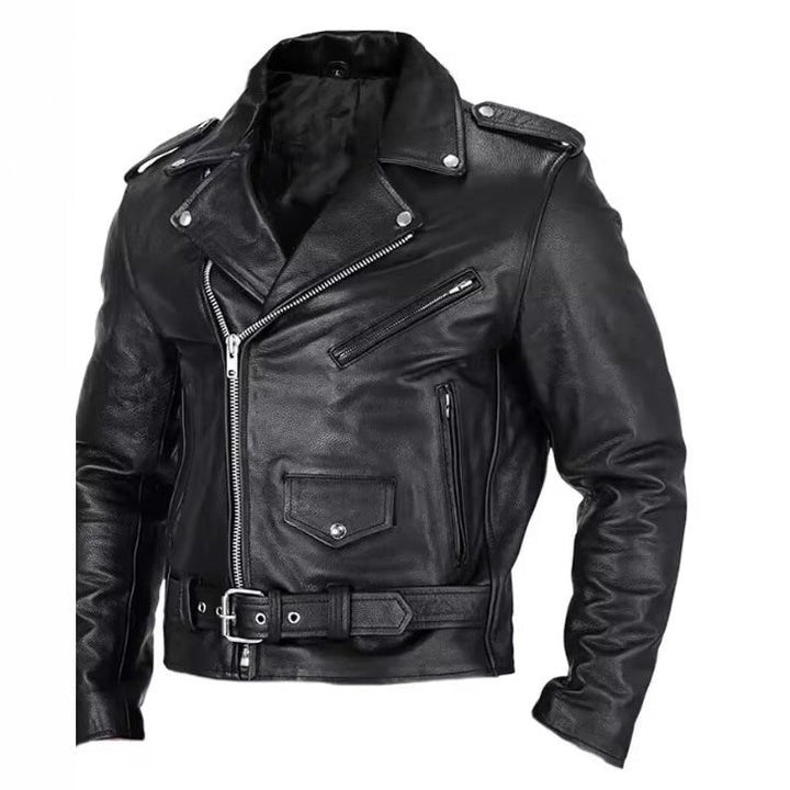 Men's leather biker jacket with asymmetrical zipper and practical pockets Lune London