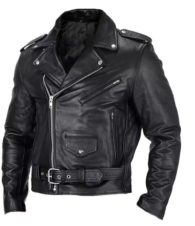 Men's leather biker jacket with asymmetrical zipper and practical pockets Lune London