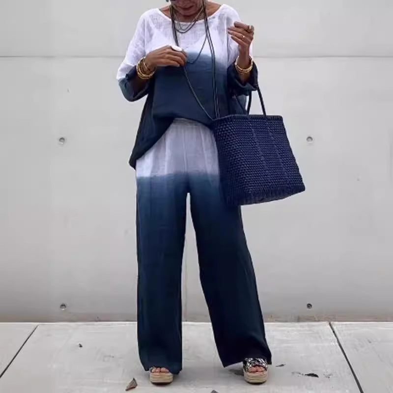Casual linen outfit for women with wide pants and loose blouse Lune London