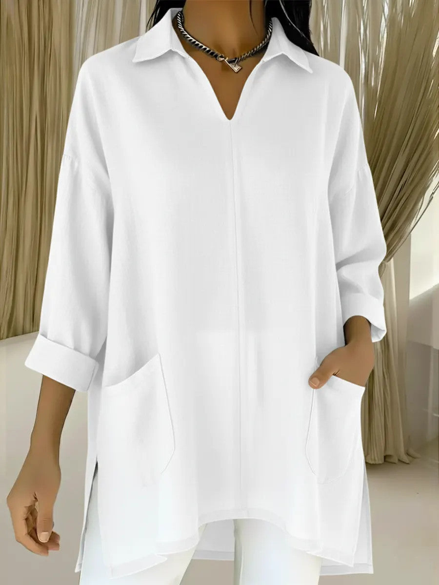 Women's long sleeve blouse with elegant V-neckline and practical pockets Lune London