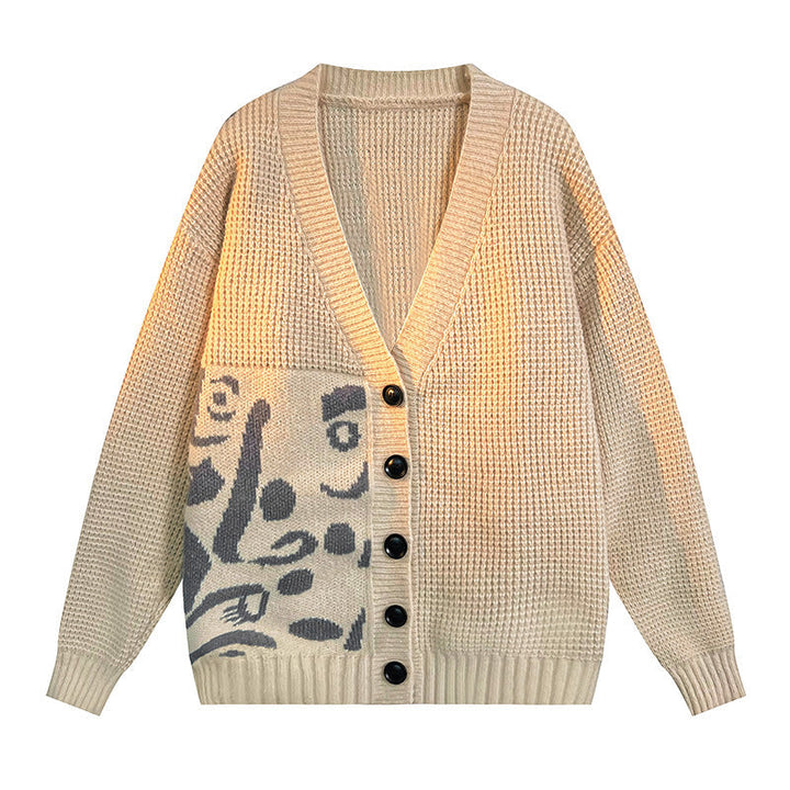 Ladies cardigan with artistic pattern and deep V-neck Chic and Style
