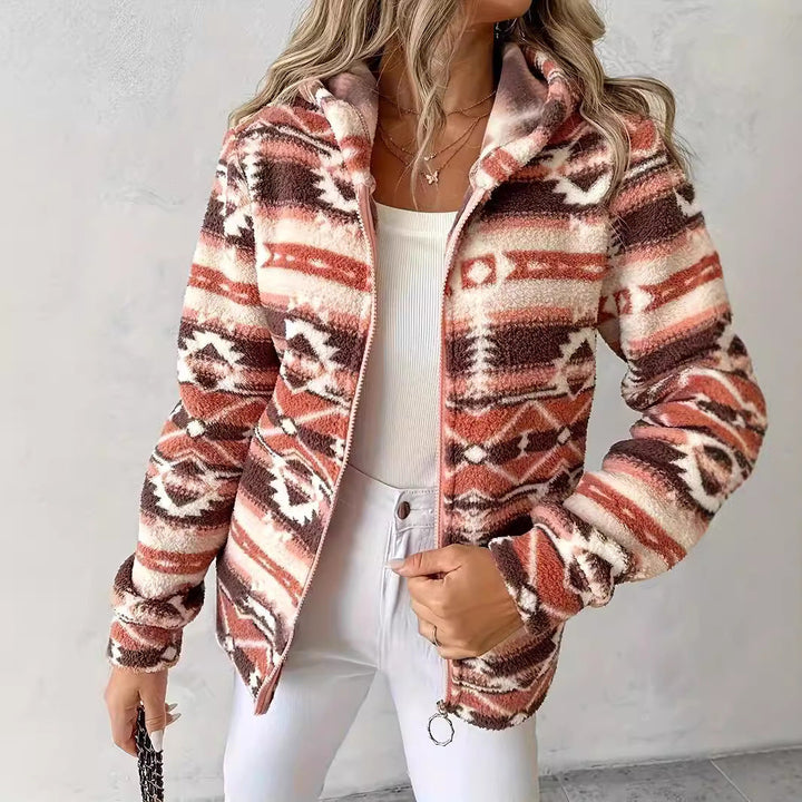 Ladies comfortable fleece jacket with a modern Aztec pattern Lune London