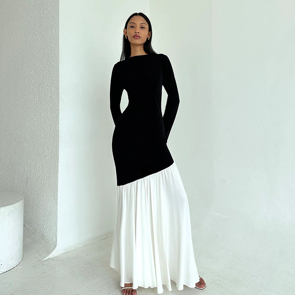 Elegant and asymmetrical maxi dress for ladies with long sleeves and chic and stylish color contrasts.