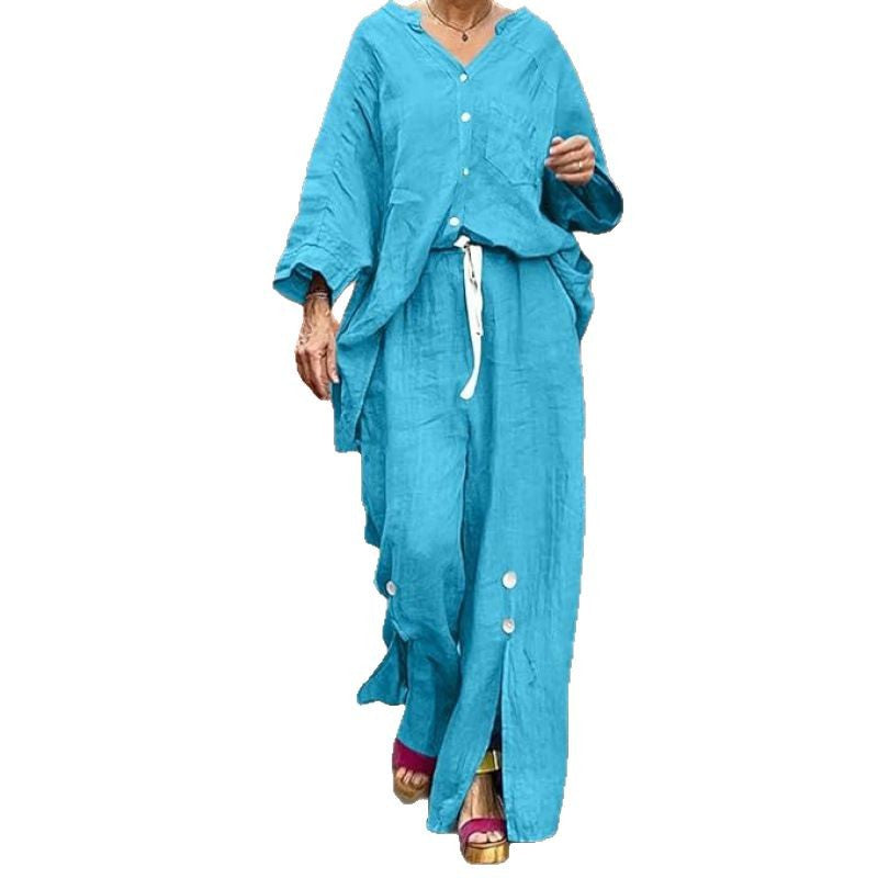 Women Casual Two-Piece Linen Set with Button Closure and Side Slits Lune London