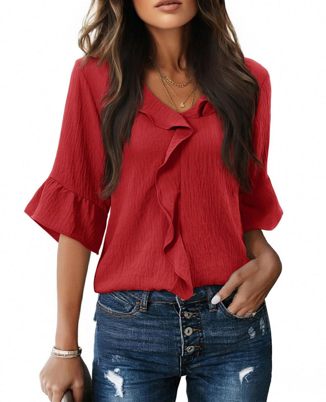 Women's Airy Blouse Shirt with Ruffle Details and V-Neck Lune London