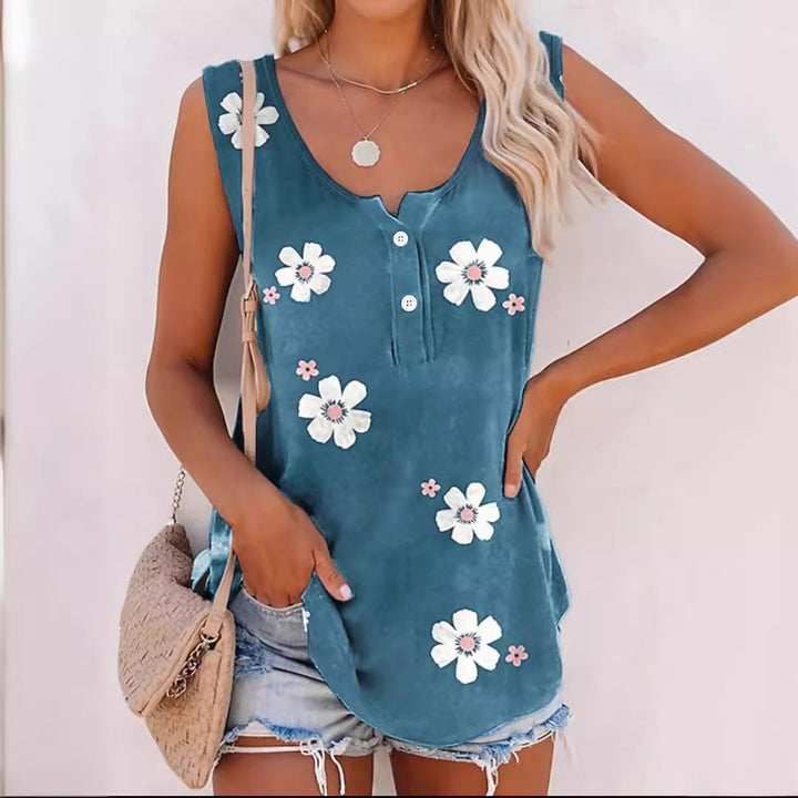 Women's Sleeveless Floral Top with Button Placket and Soft Fabric Lune London