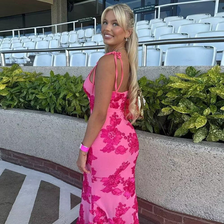 Maxi dress for women with floral lace pattern and adjustable straps Lune London