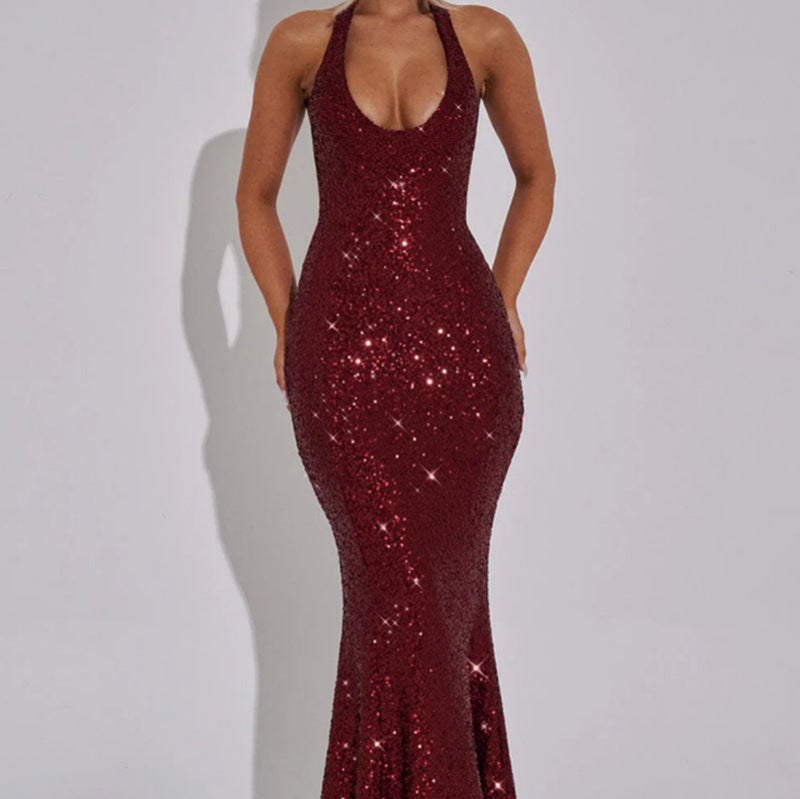 Women's Glamorous Sequin Maxi Dress with Deep V-Neck and Slim Fit