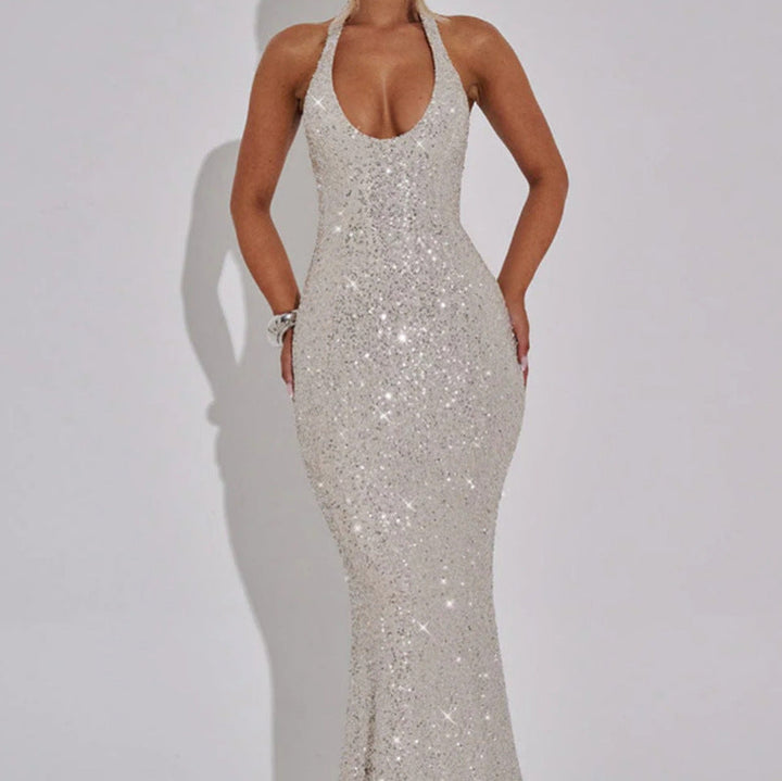 Women's Glamorous Sequin Maxi Dress with Deep V-Neck and Slim Fit