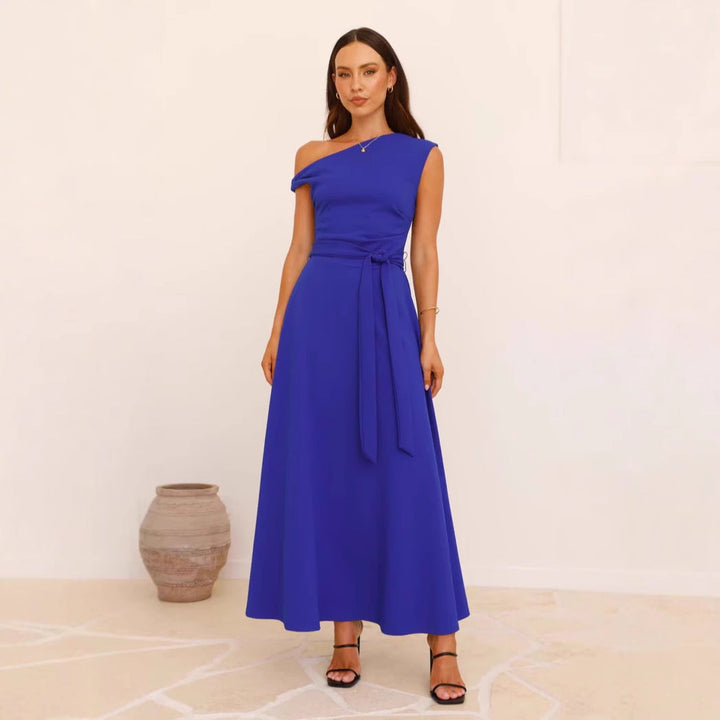 Women's maxi dress with a chic asymmetrical neckline and elegant bow