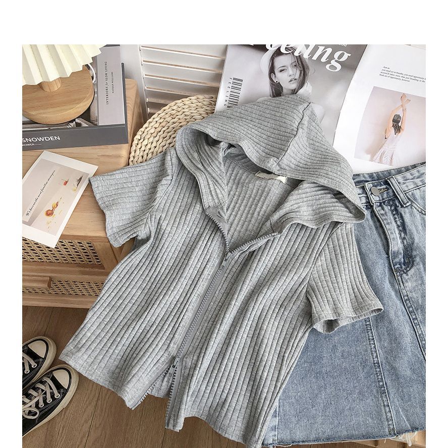 Women's Short Sleeve Hoodie Zip-Up Top with Rib Texture Chic und Stil