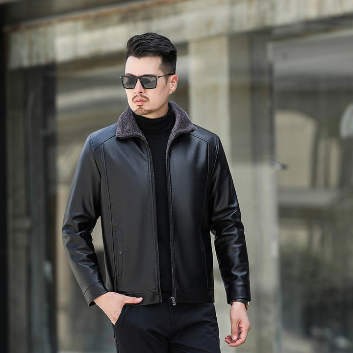 Men's leather jacket with soft fleece collar Chic and Style