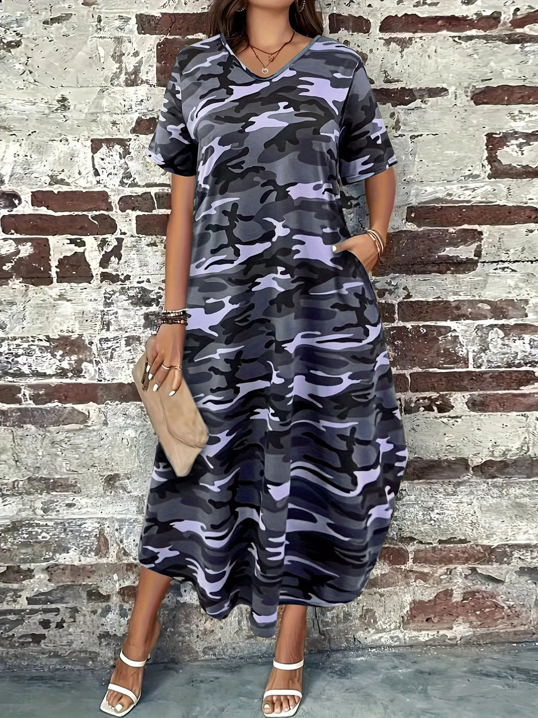 Maxi dress for women with a modern camouflage design and practical pockets Lune London