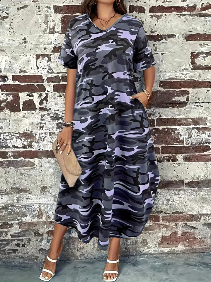Maxi dress for women with a modern camouflage design and practical pockets Lune London