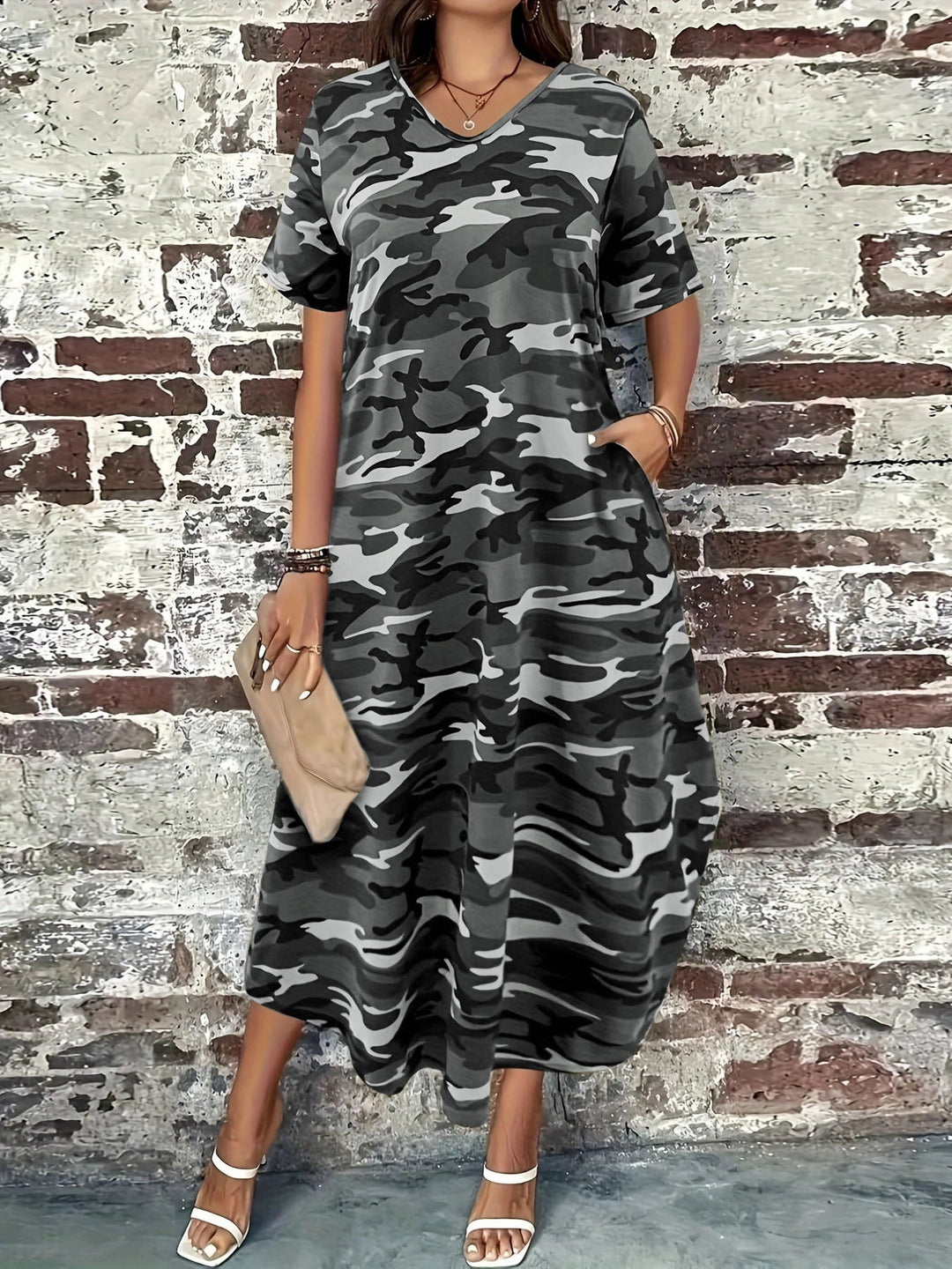 Maxi dress for women with a modern camouflage design and practical pockets Lune London