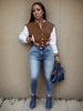 Women's college jacket with contrasting sleeves and a structured collar
